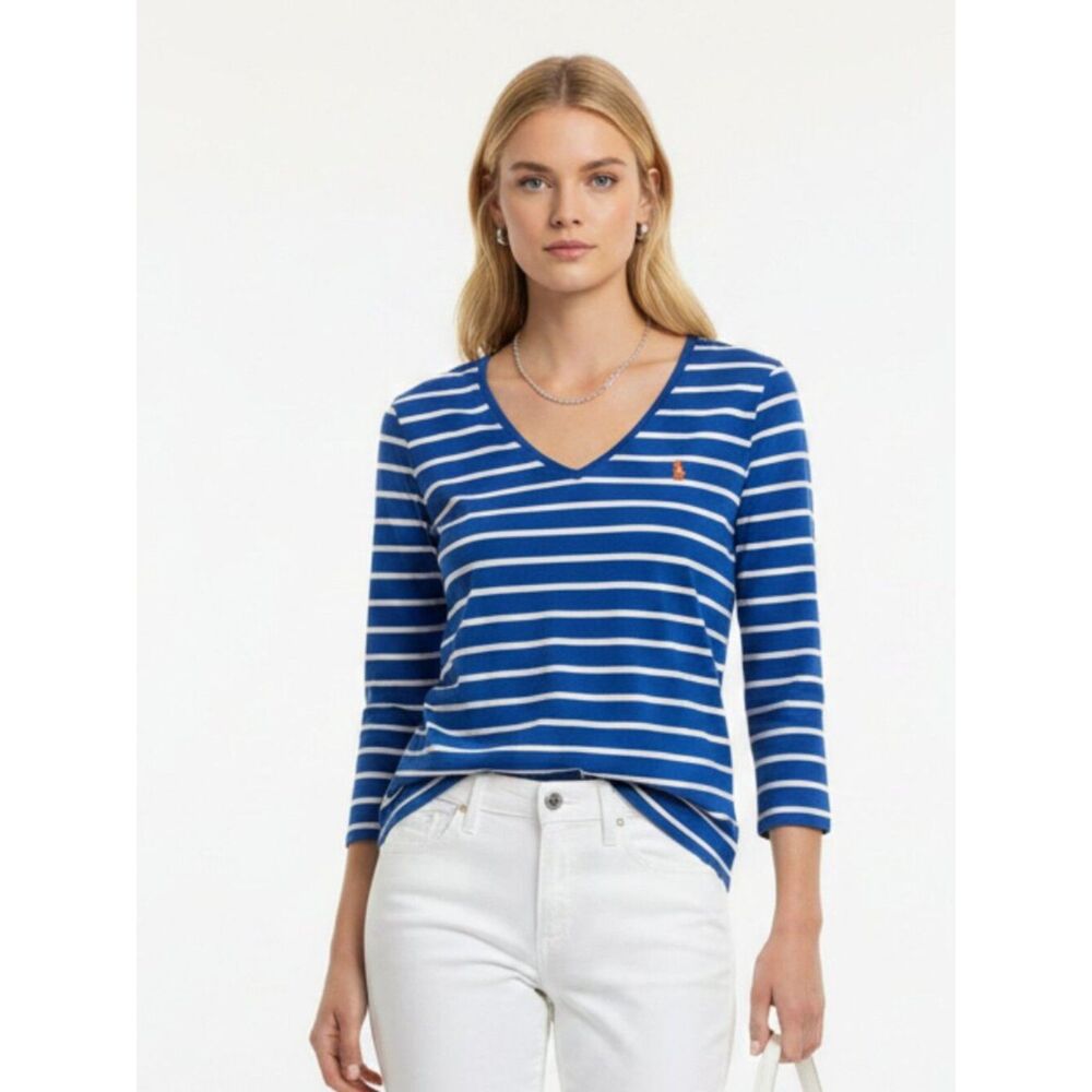 Ralph Lauren Blue & White Striped V Neck 3/4 Sleeve T Shirt Top M